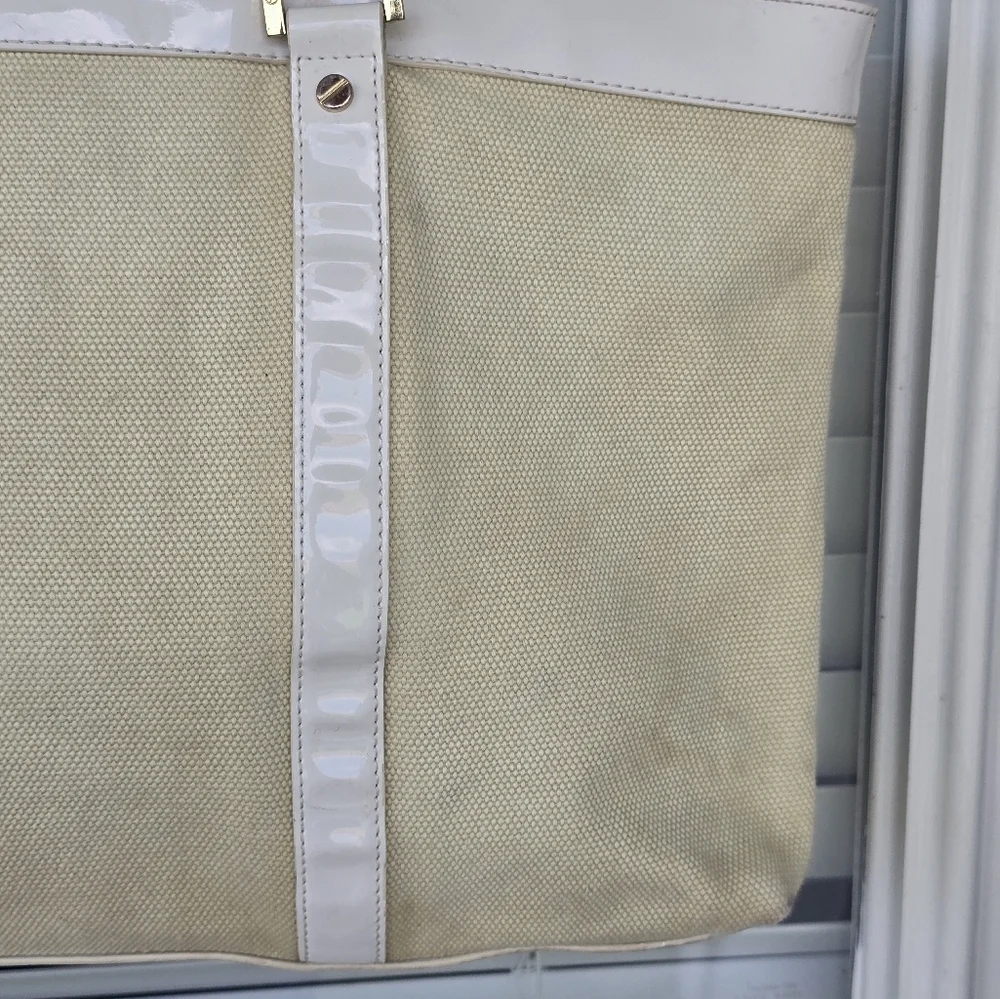 Tory Burch Jane Beige Canvas Tote Leather Purse Handbag Satchel Tan White Logo